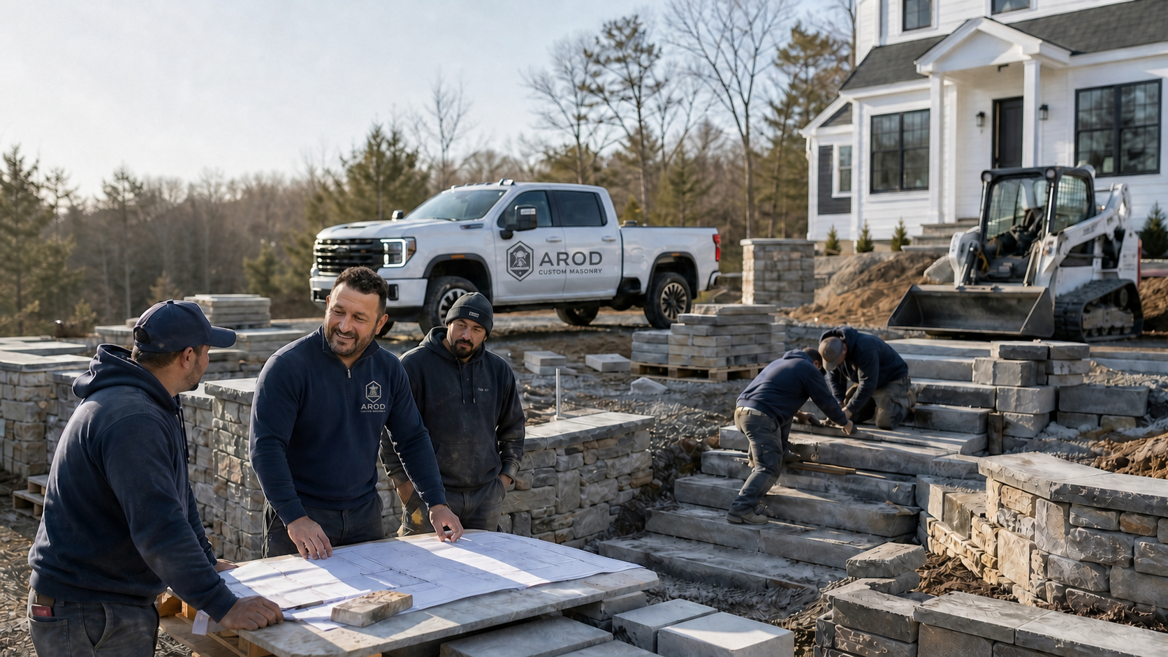 Anderson Rodrigues and the Arod Masonry crew reviewing project plans beside stonework at a residential job site