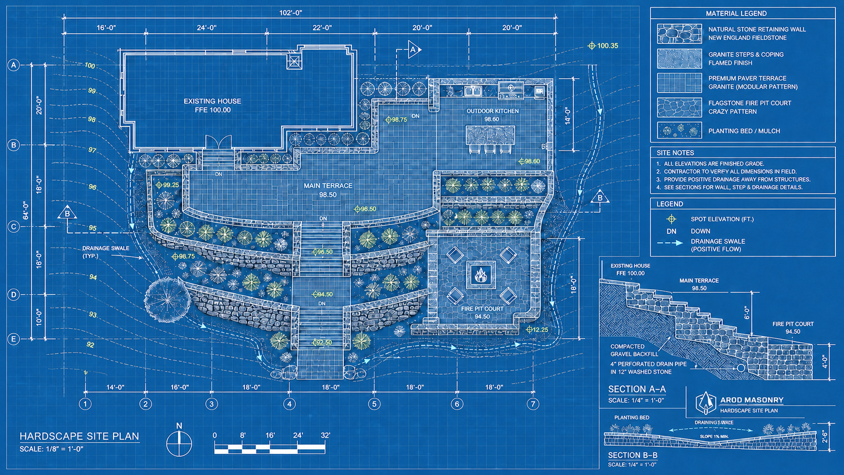Arod Masonry architectural hardscape site plan with terraced stone walls, stairs, drainage, outdoor kitchen and fire-pit court